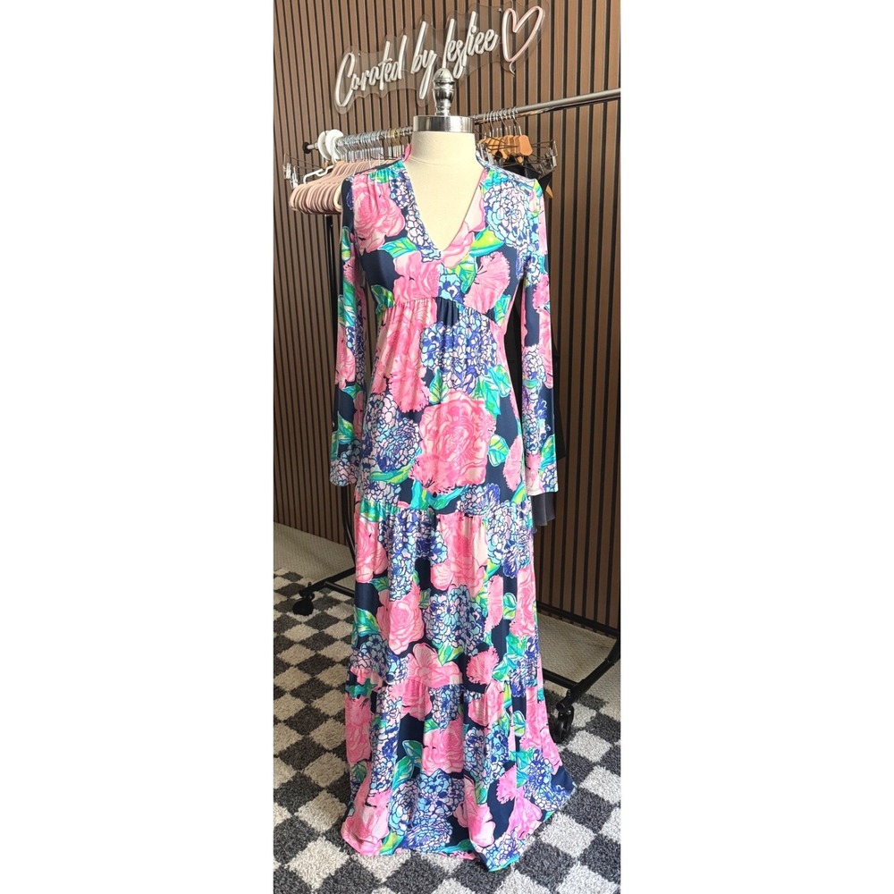 Lilly Pulitzer Martinique Maxi Dress Women S Navy Pink Floral Tiered 004199